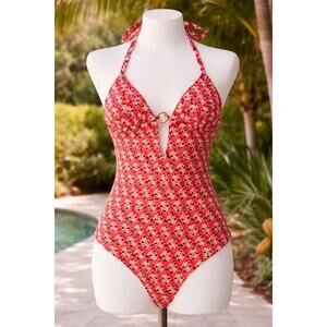 Tory Burch XS Hamadri Floral Swimsuit Red Orange One Piece Cutout Reg $250+ NWT